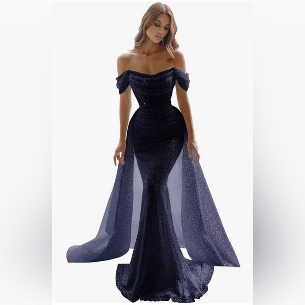 navy blue off the shoulder sparkly mermaid prom dress!
